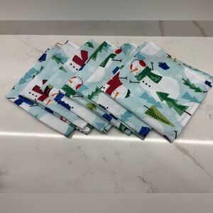 Set of 6 Blue Square Festive Snowman with Trees and Gifts Polyester Napkins